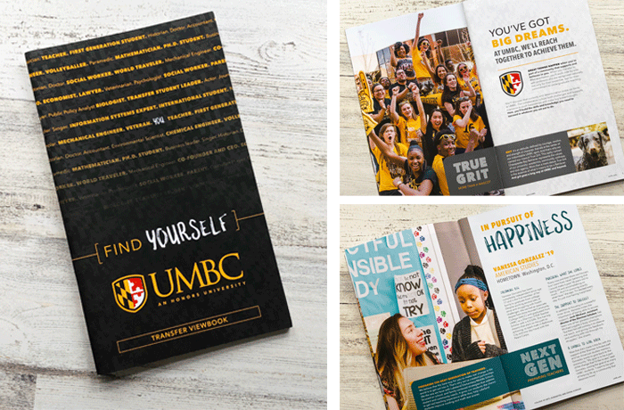 UMBC Transfer Viewbook Cover and Interior Spreads
